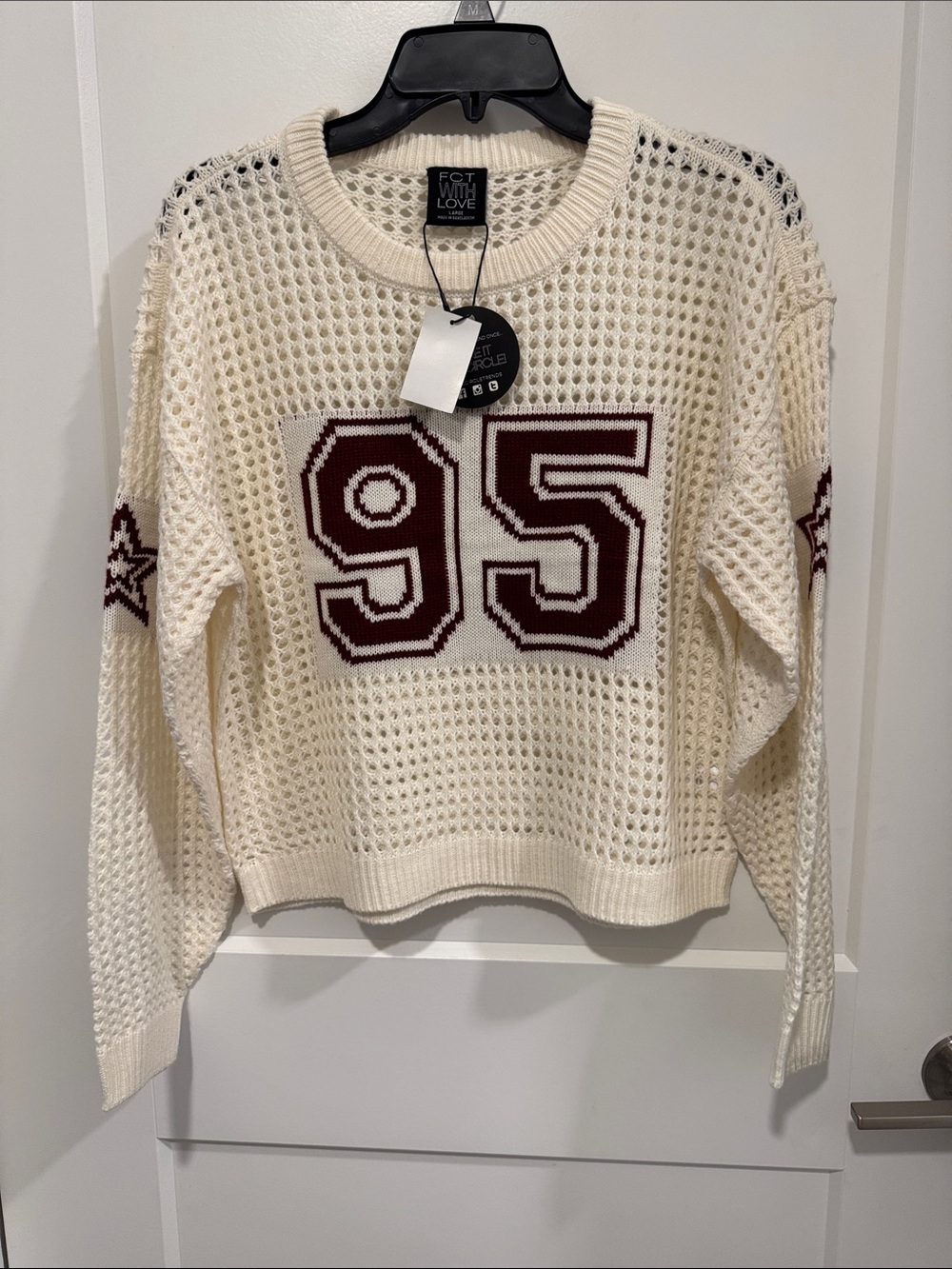 Cream Open-Weave Sweater with Burgundy '95' Detail